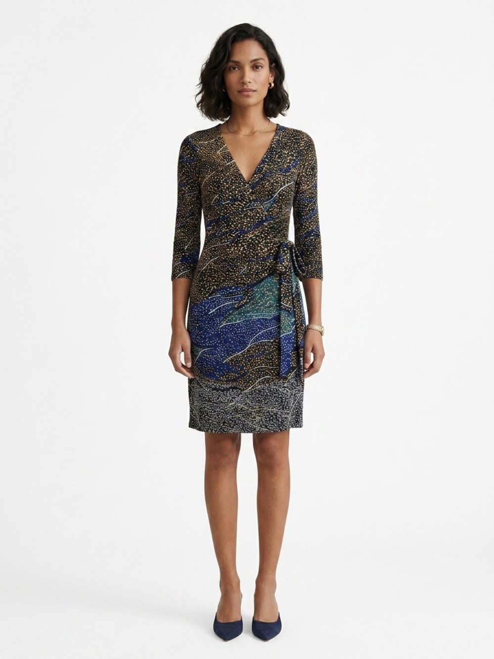 Diane Von Furstenberg Silk Black & Gold Dot Wrap Print 3/4 Sleeve Dress Size 10